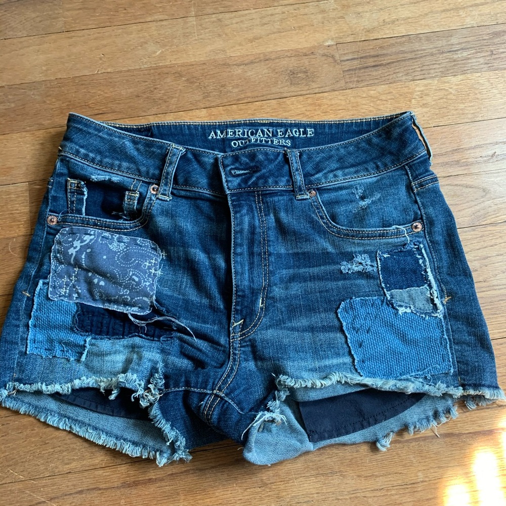 AEO high rise patchwork denim shorts